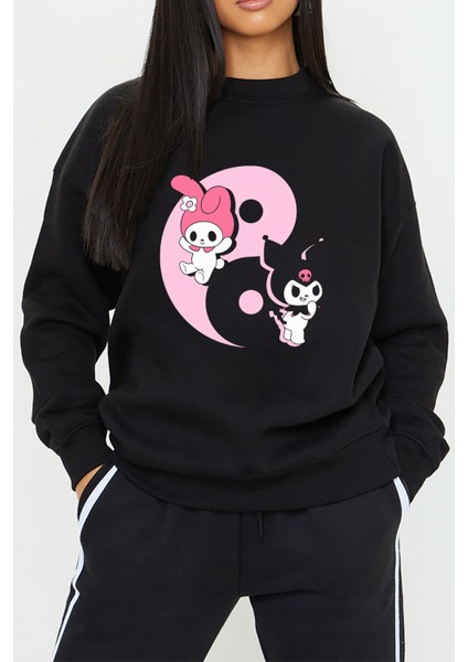 Kuromi My Melody Baskılı Siyah Unisex Kadın Erkek Pamuklu Sweatshirt CU142