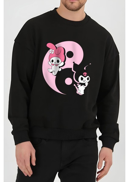 Kuromi My Melody Baskılı Siyah Unisex Kadın Erkek Pamuklu Sweatshirt CU142