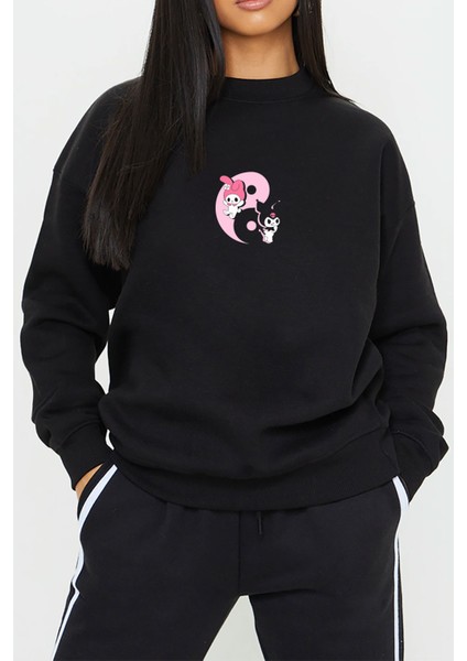 Kuromi My Melody Baskılı Siyah Unisex Kadın Erkek Pamuklu Sweatshirt CU143