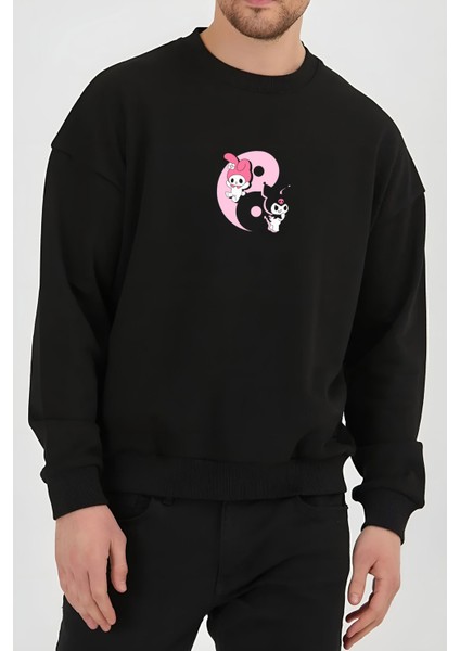 Kuromi My Melody Baskılı Siyah Unisex Kadın Erkek Pamuklu Sweatshirt CU143