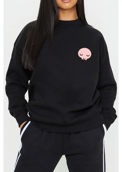 Kuromi Baskılı Siyah Unisex Kadın Erkek Pamuklu Sweatshirt CU146