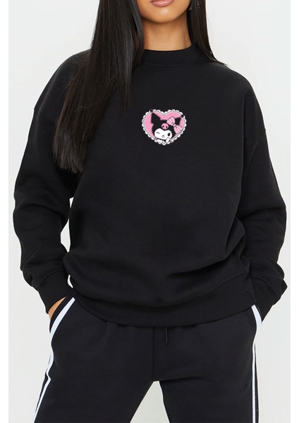 Kuromi Baskılı Siyah Unisex Kadın Erkek Pamuklu Sweatshirt CU147