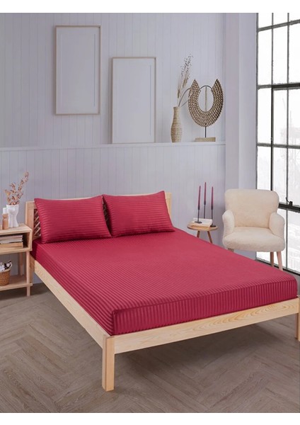 Bordo Pamuklu Çizgili Saten Lastikli Çarşaf Takımı Tek Kişilik + 1 Yastık Kılıfı