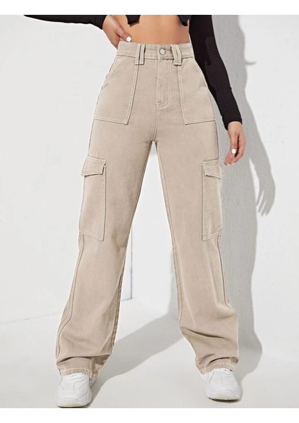 2090 Kadın Likrasız Kargo Cepli Bol Paça Jeans Kot Denim Pantolon - Bej fiyatları