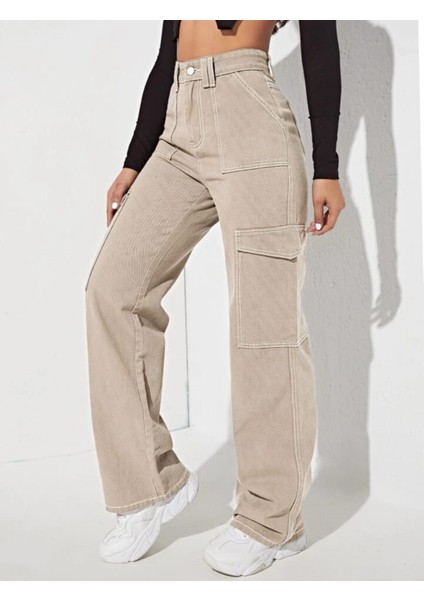 2090 Kadın Likrasız Kargo Cepli Bol Paça Jeans Kot Denim Pantolon - Bej modelleri