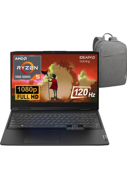 Ideapad Gaming 3 Amd Ryzen 5 7535HS 16GB 512GB SSD Rtx 3050 (6 Gb) 15.6 120Hz Fhd Freedos 82SB00RHTX Dizüstü Bilgisayar - Lenovo Çanta WZ02