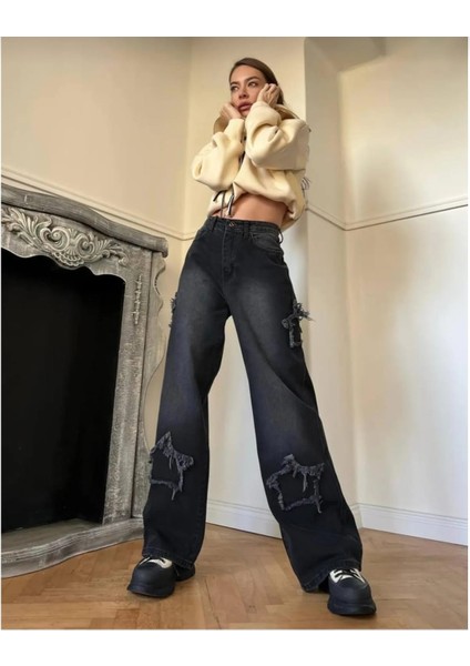 2424 Kadın Yıldız Detaylı Baggy Jeans Kot Denim Pantolon - Siyah fiyatları