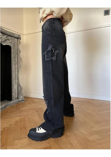 2424 Kadın Yıldız Detaylı Baggy Jeans Kot Denim Pantolon - Siyah modelleri