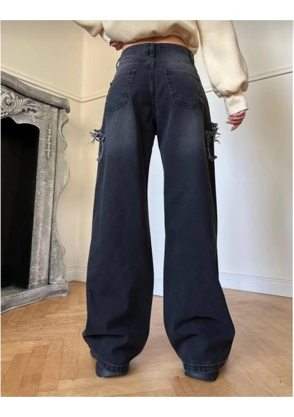 2424 Kadın Yıldız Detaylı Baggy Jeans Kot Denim Pantolon - Siyah fırsatları