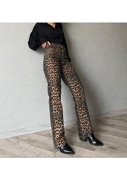 2021-LEO Kadın Likralı Leopar Palazzo Jeans Kot Denim Pantolon - Siyah Sarı