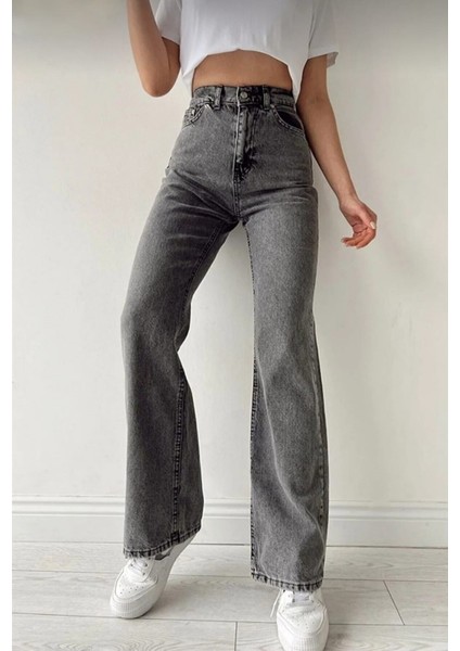 2020 Kadın Likrasız Palazzo Jeans Kot Denim Pantolon - Füme