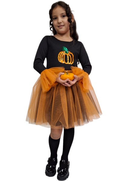 Kız Çocuk Halloween Kabak Detaylı Elbise Cadılar Bayramı Fuuny Spooky Pumpkin Tutu Gown