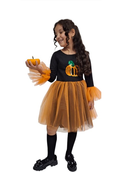 Kız Çocuk Halloween Kabak Detaylı Elbise Cadılar Bayramı Fuuny Spooky Pumpkin Tutu Gown