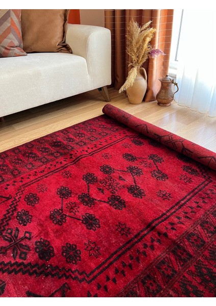 135X219 cm Harika Koyu Mavi ve Kırmızı Renkli El Dokuma Dekoratif Antik Türk Kilimi