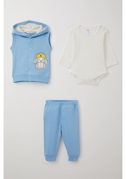 Erkek Bebek Zıbınlı 3 Lü Takım Sevimli Şapkalı Köpekçik Nakışlı 4 Ay-1 Yaş, Açık Mavi