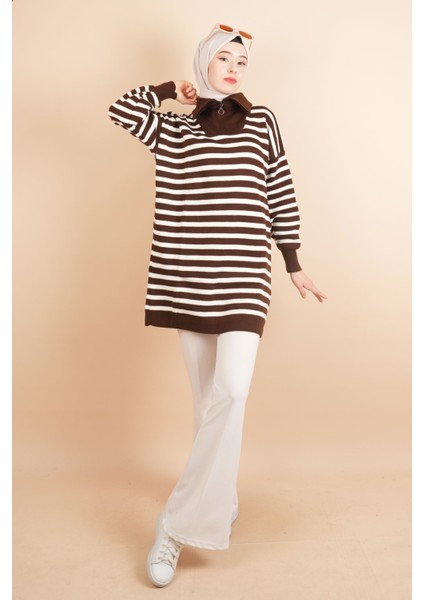 Yarım Fermuar Full Ince Çizgili Tesettür Tunik Kazak Kahverengi