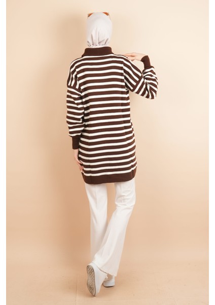 Yarım Fermuar Full Ince Çizgili Tesettür Tunik Kazak Kahverengi fiyatları