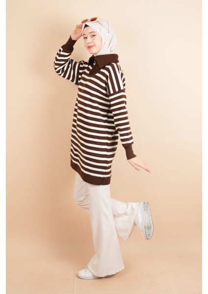 Yarım Fermuar Full Ince Çizgili Tesettür Tunik Kazak Kahverengi modelleri