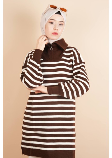 Yarım Fermuar Full Ince Çizgili Tesettür Tunik Kazak Kahverengi fırsatları