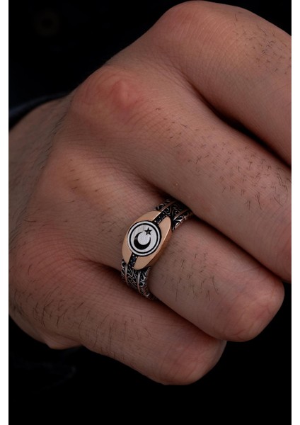 Erkek Gümüş Yüzük - Türk Bayrağı Ay Yıldız Sarmaşıklı Ince Kibar Erkek Yüzüğü