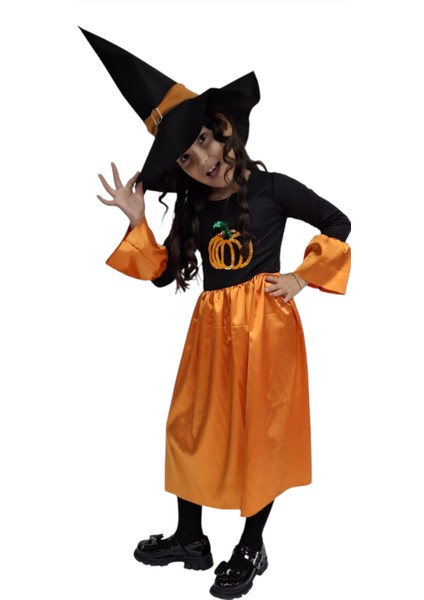 Kız Çocuk Halloween Turuncu Siyah Cadı Elbise Kostüm Parti Cadılar Bayramı Fuuny Spooky Pumpkin Tutu Gown