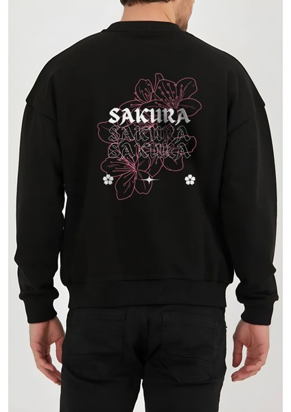 Japon Sakura Baskılı Siyah Kadın Erkek Pamuklu Sweatshirt Cu154