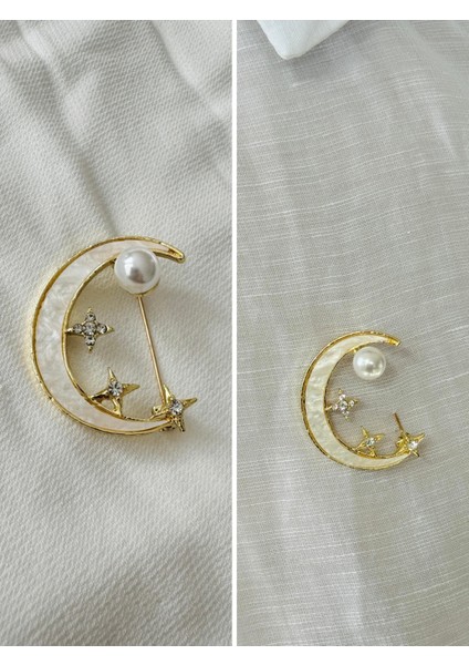 Tasarım Incili Yıldızlı Ay Broş Yaka Iğnesi Kadın Gold Renkli