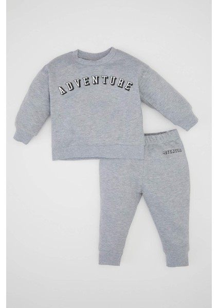 Erkek Bebek 2'li Takım Bisiklet Yaka Baskılı Sweatshirt Üst Beli Lastikli Jogger Eşofman Altı D0723A524WN