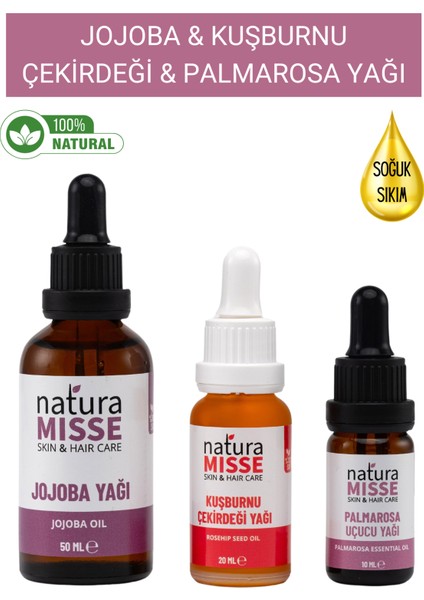 NaturaMisse Jojoba Yağı 50 ml - Kuşburnu Çekirdeği Yağı 20 ml - Palmarosa Uçucu Yağı 10 ml