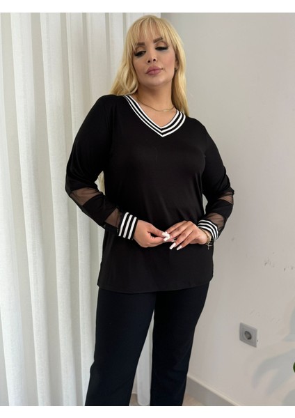 Kadın Büyük Beden V Yaka Transparan Kol Detaylı Yaka Bilek Şeritli Bluz 24630 Siyah