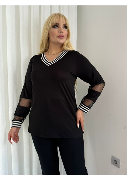 Kadın Büyük Beden V Yaka Transparan Kol Detaylı Yaka Bilek Şeritli Bluz 24630 Siyah