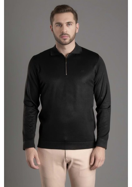 Erkek Polo Yaka Önden Fermuarlı Siyah Triko Kazak fiyatları