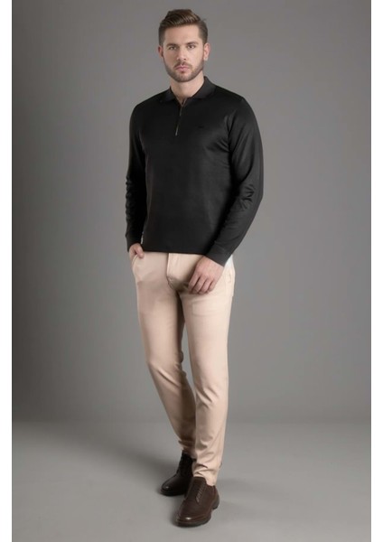 Erkek Polo Yaka Önden Fermuarlı Siyah Triko Kazak fırsatları