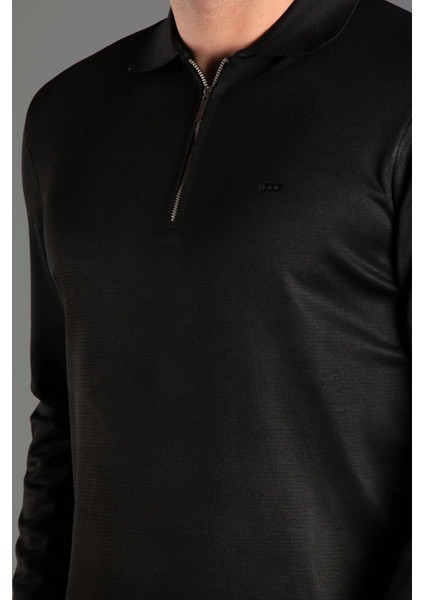 Erkek Polo Yaka Önden Fermuarlı Siyah Triko Kazak indirimleri