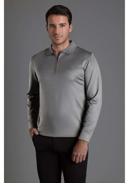 Erkek Polo Yaka Önden Fermuarlı Gri Triko Kazak