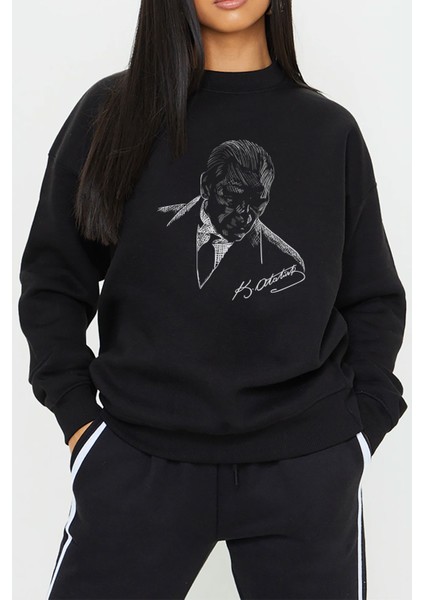 Atatürk Portre Imza Baskılı Siyah Kadın Erkek Pamuklu Sweatshirt Cu170