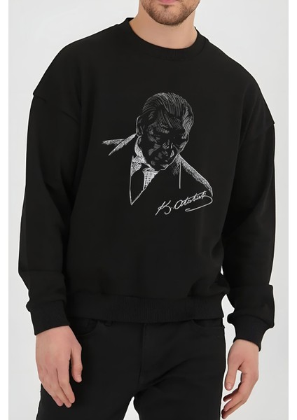 Atatürk Portre Imza Baskılı Siyah Kadın Erkek Pamuklu Sweatshirt Cu170