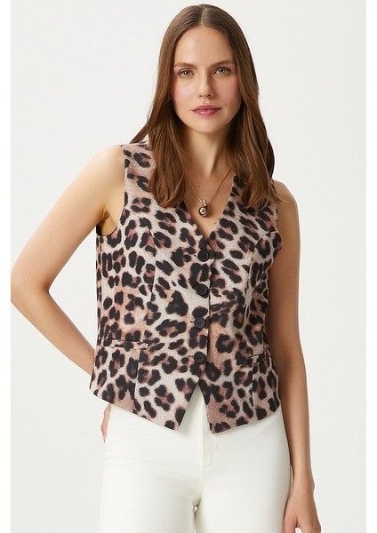 Kadın Style Leopar Astarlı Dokuma Yelek
