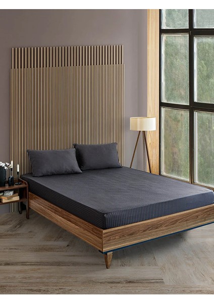 Antrasit Pamuklu Çizgili Saten Lastikli Çarşaf Takımı Tek Kişilik + 1 Yastık Kılıfı