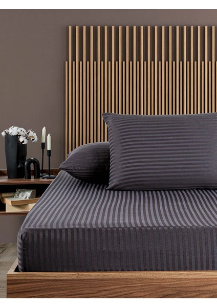Antrasit Pamuklu Çizgili Saten Lastikli Çarşaf Takımı Tek Kişilik + 1 Yastık Kılıfı modelleri