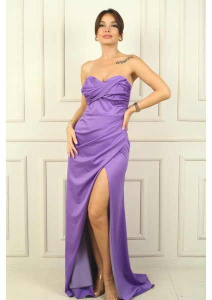 Kadın Straplez Ön Roba Büzgü Etek Kruvaze Yırtmaçlı Elbise fiyatları