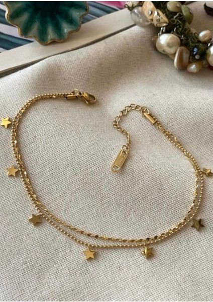 Çelik Gold Dorika Zincir Detaylı 2 Sıralı Yıldız Halhal