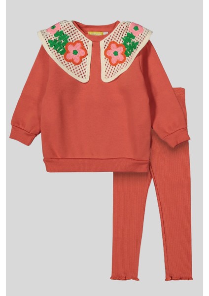 Yakası Dantelli Çiçek Işlemeli Beli Lastikli Sweat Tayt Alt-Üst 2'li Kız Çocuk Takım