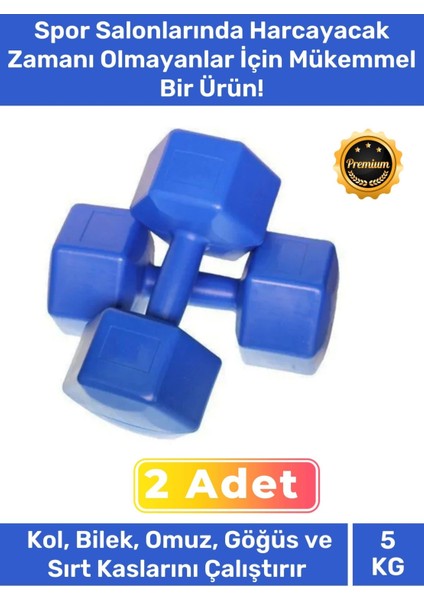 Özel Plastik Köşeli Spor Egzersiz Vücut Kas Geliştirme Fitness Ağırlık Mavi 5 kg Dambıl Set - 2 Adet