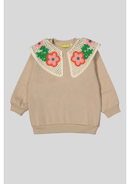 Yakası Dantelli Çiçek Işlemeli Beli Lastikli Sweat Tayt Alt-Üst 2'li Kız Çocuk Takım