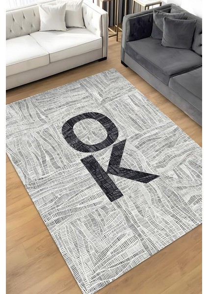 Ok Gri Renkli Halı Geometrik Oturma Odası Halısı Minimal Salon Halı Çizgili Yazılı Halı