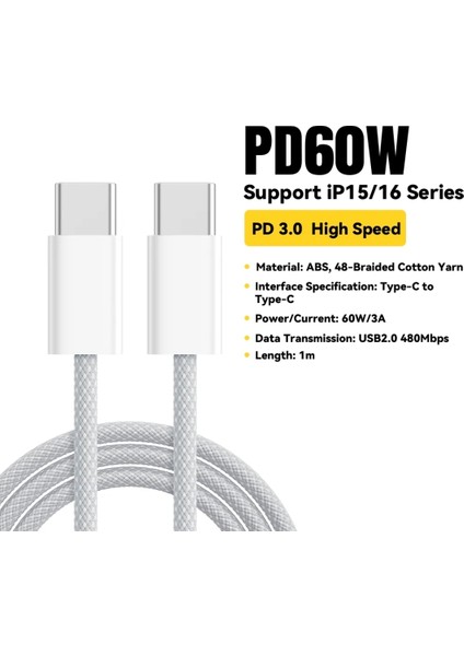60W CE/FC/ROHS Lisanslı Type-C To Type-C İphone 15/16 Samsung/Xiaomi/Redmi/Huawei/Honor/Laptop/Tablet/Telefon Süper Hızlı Orjinal Hasır Örgülü Sağlam