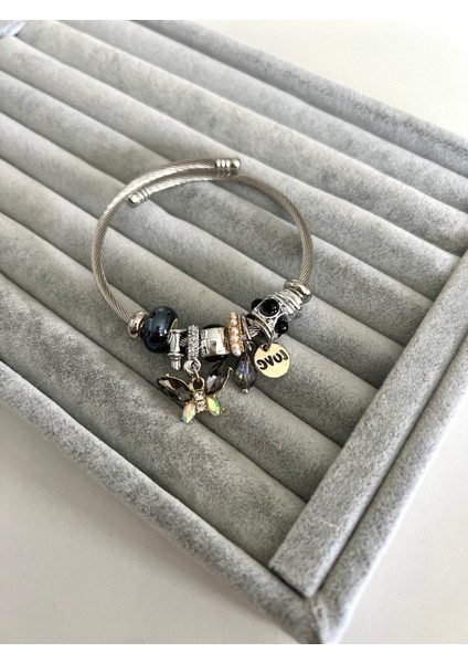 Çelik Gümüş Siyah Kelebek Bileklik