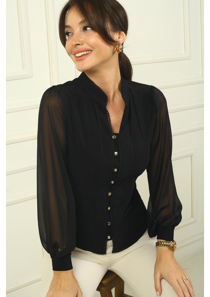 Kadın Önü Düğmeli Kolları Tül Hakim Yaka Gömlek