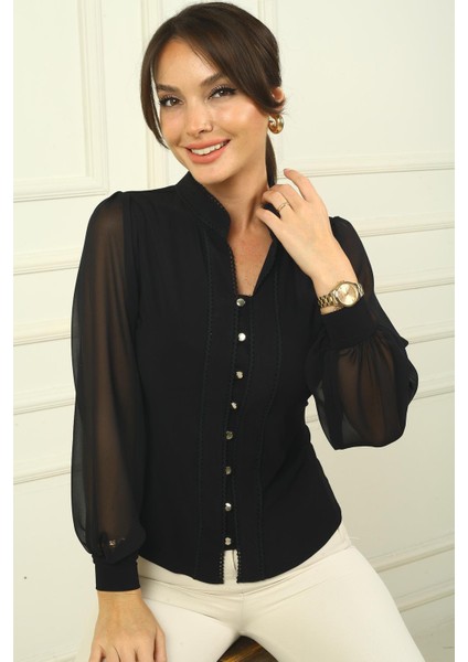 Kadın Önü Düğmeli Kolları Tül Hakim Yaka Gömlek fiyatları